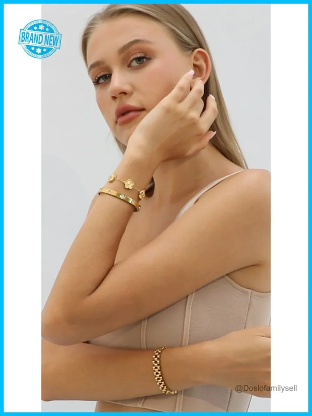 Stackable Four Leaf Clover Love Bangle Bracelets Set, 18K Gold Plated, 3 Pcs